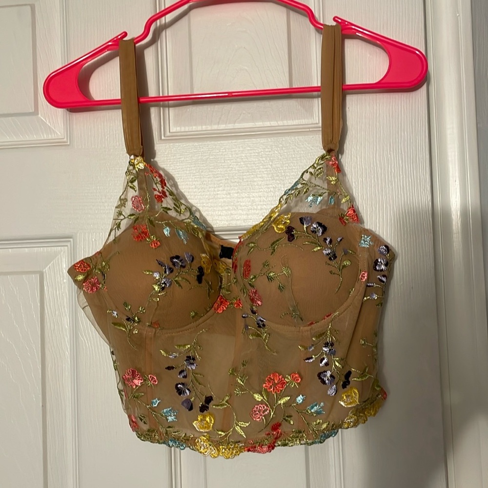 Lulu's Tan Floral Embroidered Mesh Bustier Cami